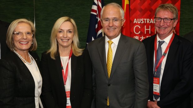Prime Minister Malcolm Turnbull and Lucy Turnbull with Christine Holgate from Blackmores and Barry Irvin from Bega cheese before the Australia week in China gala lunch in Shanghai China in April.