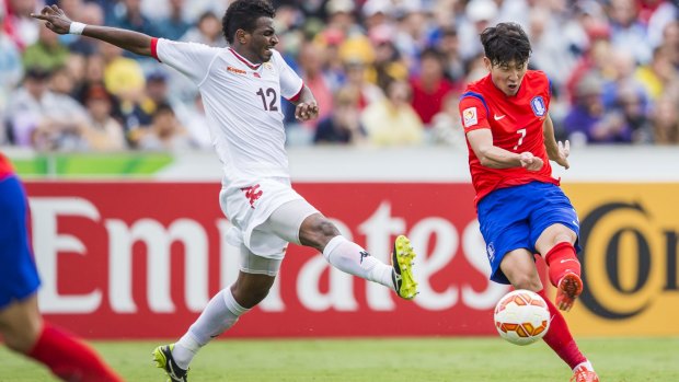Son Heung Min of the Korean Republic attacks the goal.