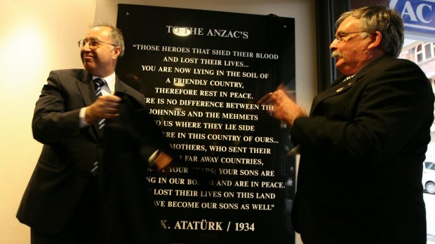 Ataturk's "words" are replicated widely: here, they are unveiled at Sydney's Anzac House by Turkish consul-general Nihat Ersen and NSW RSL president Don Rowe in 2007.