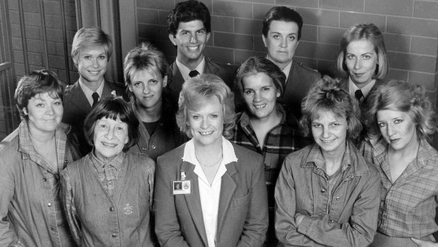 The cast of Prisoner in 1983. Front row: Val Lehman, Sheila Florance, Patsy King, Jentah Sobott, Amanda Muggleton. Middle row: Jane Clifton, Betty Bobbitt. Front Row: Elspeth Ballantyne, Wayne Jarratt, Maggie Kirkpatrick, Judith McGrath.

