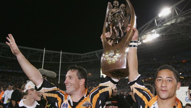 Glory days: Mark O'Neill with Benji Marshall after the 2005 grand final.