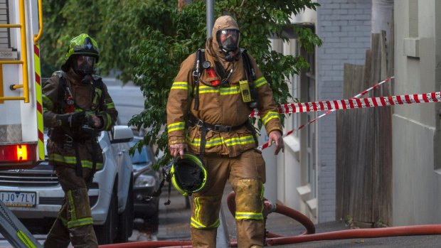 Firefighters at the scene of a blaze in Clarendon Street, Southbank, on Saturday afternoon.