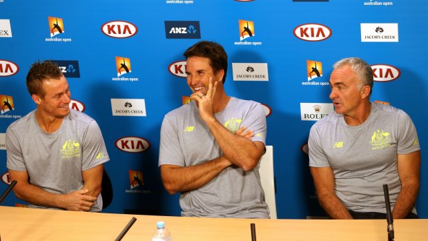 Brains trust: Lleyton Hewitt, Pat Rafter and Wally Masur at the announcement on Thursday.