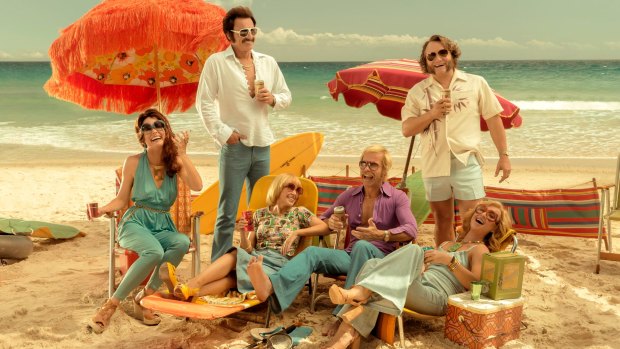 A still from <i>Swinging Safari</i>, with (from left) Radha Mitchell, Julian McMahon, Kylie Minogue, Guy Pearce, Jeremy Sims and Asher Keddie.