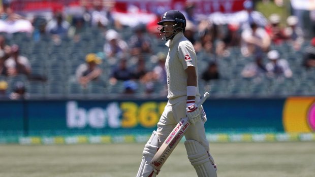 England's Joe Root walks off after he was caught behind for 67. 