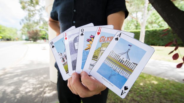 Trevor Dickinson has just released a set of playing cards featuring 54 different drawings of Canberra. Photo: Dion Georgopoulos