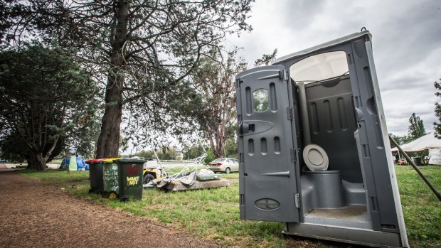 One of the two porta-loos remaining at the Aboriginal Tent Embassy site on Tuesday.