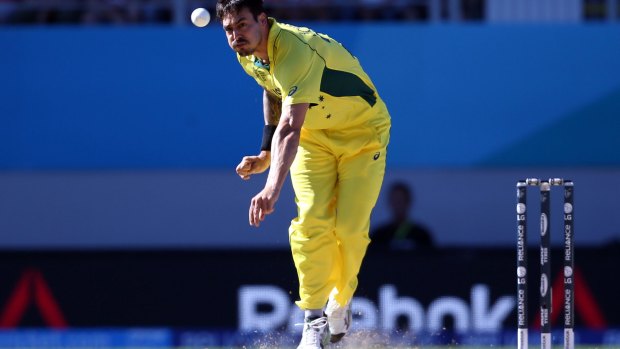 Big moment: Australia's Mitchell Johnson bowls against New Zealand on Saturday.