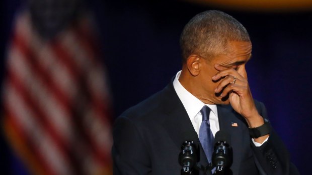President Obama wipes away tears as he delivers his farewell speech in Chicago on January 10.