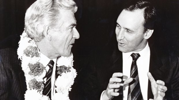 Paul Keating, Bankstown's most famous son, with Bob Hawke at a reception in Bankstown in 1987.