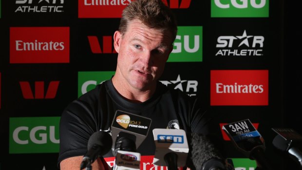 Collingwood coach Nathan Buckley speaks to the media on Tuesday.