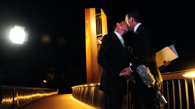 Joel and Alan Player after marrying at the National Carillon last year.