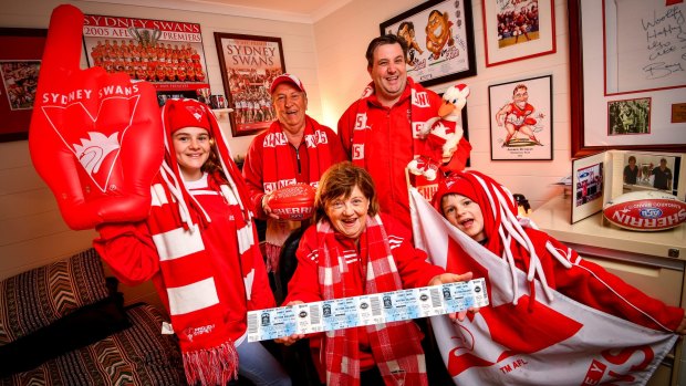 David Woolfe with his wife Rhonda, son Darren and grandchildren Emma and Lucas, three generations of famliy who are out and proud Swans supporters.