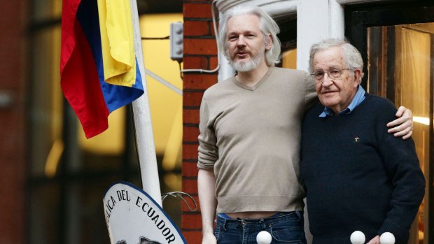 Rare appearance: Julian Assange with Noam Chomsky on the balcony of the Ecuadorian Embassy in London.