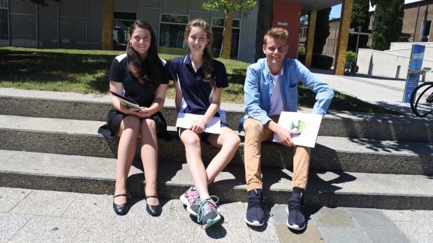 Shaylah McClymont, 16, of Canberra High School, Hayley Steel, 16, of University of Canberra High School Kaleen, and Matthew Sutton, 16, of University of Canberra Senior Secondary College Lake Ginninderra, received achievement awards at the ACT Education year 10 excellence awards. 