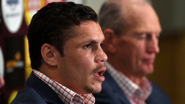 James Roberts (left) and coach Wayne Bennett announcing the four-year deal.