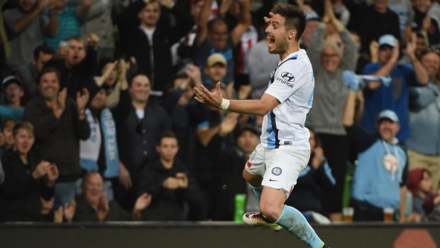 Marquee moment: Bruno Fornaroli of Melbourne City celebrates a second goal in the A-League elimination final against Melbourne City, April 2016.