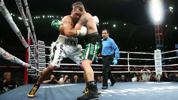 Anthony Mundine and Danny Green fight during their cruiserweight bout at Adelaide Oval.