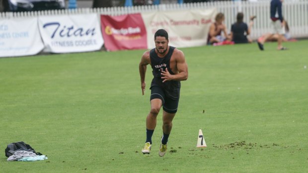 Reconditioning: Jarryd Hayne works out with sprint coach Roger Fabri at Coogee Oval in February.