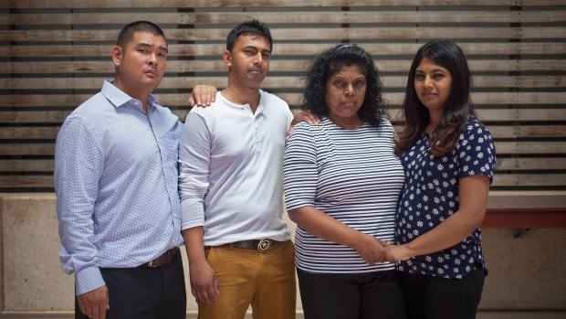 Family members praying for clemency ... from left, Andrew Chan's brother Michael, with Myuran Sukumaran's brother Chinthu Sukumaran, mother Raji and sister Brintha at ABC Studio in Sydney.