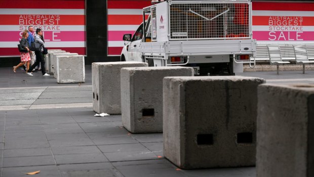 Temporary concrete bollards were erected along major streets in Melbourne for the Australia Day parade this year.
