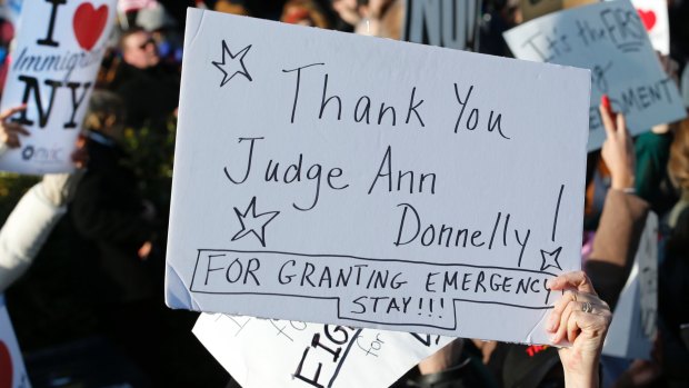 A sign acknowledging Judge Ann Donnelly, who granted a stay on Donald Trump's order blocking immigrants trying to reach the United States.