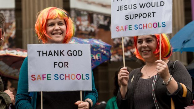 Protesters at a Melbourne rally this month challenge the Christian lobby that is fighting the Safe Schools program.