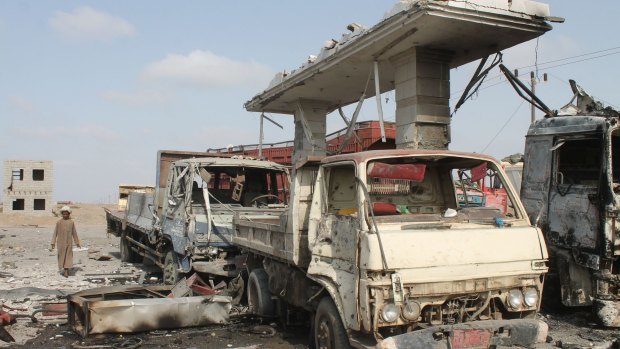 An oil installation in Aden reportedly used by Yemen's Houthis after a Saudi-led air strike.