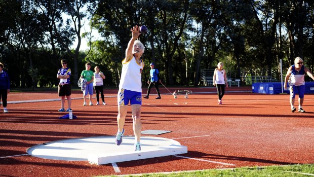 Gwen Gleeson, 86, of Watson, competes in the Pentathlon Championships at Woden Park Athletic Field.