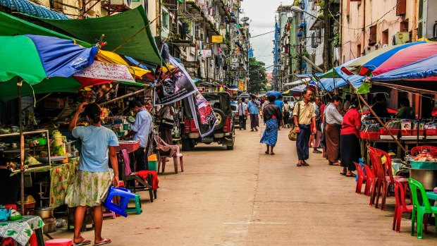 Food stalls in downtown Yangon. 