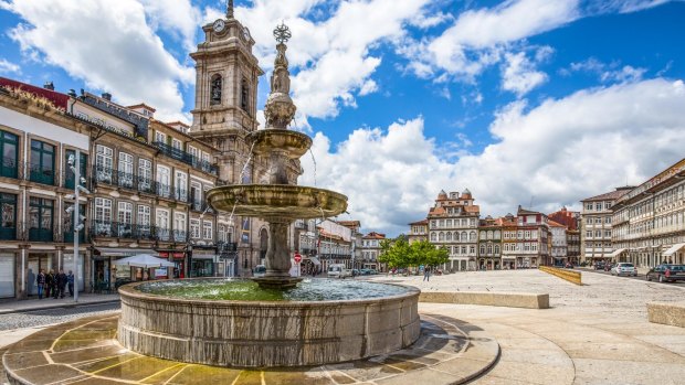 A fountain in Toural Square, in the city centre of Guimaraes.