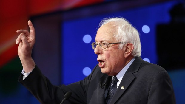 Democratic presidential candidate Senator Bernie Sanders debating Hillary Clinton in Brooklyn on Thursday. 