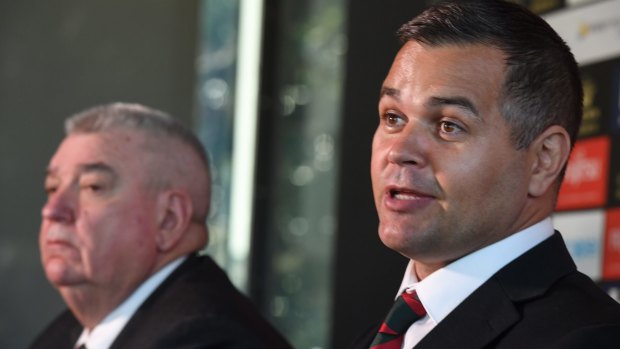 New man at the top: South Sydney's general manager of football, Shane Richardson (left), announces Anthony Seibold as the new Rabbitohs coach in September.