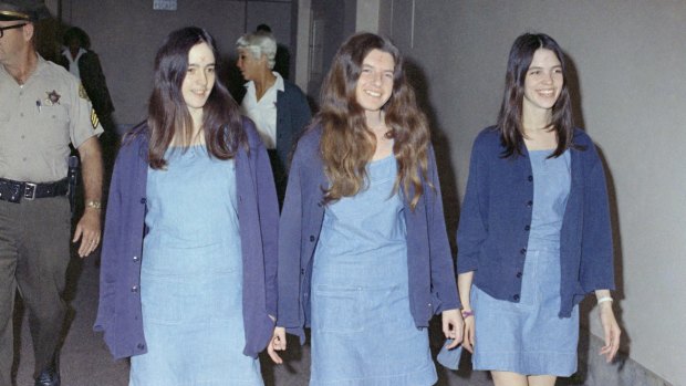 Charles Manson followers, Susan Atkins, Patricia Krenwinkel and Leslie Van Houten, shown walking to court to appear for their roles in the 1969 cult killings of seven people, including pregnant actress Sharon Tate, in Los Angeles.