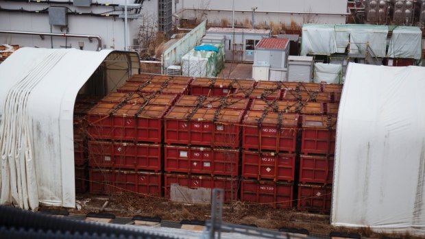 Shipping containers holding reactor maintenance equipment from the Fukushima No.1 Nuclear Power Station in February. 