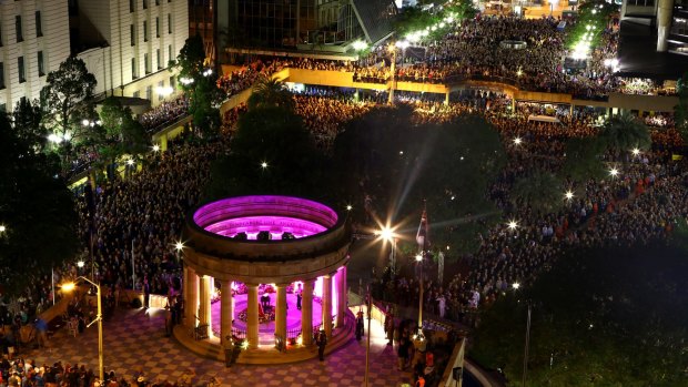 More than 40,000 people gathered at the Shrine of Remembrance for the Brisbane Anzac Day dawn service last year.
