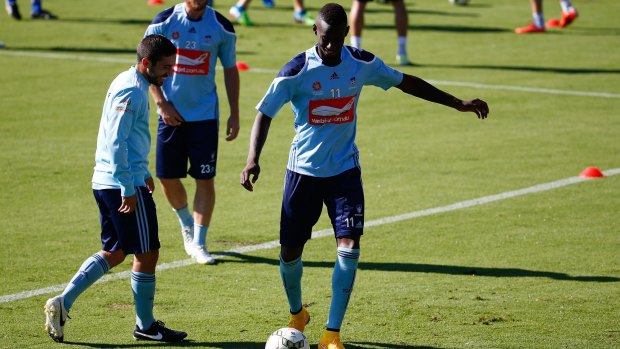 Golden boots: Sydney FC's Bernie Ibini trains on Thursday.