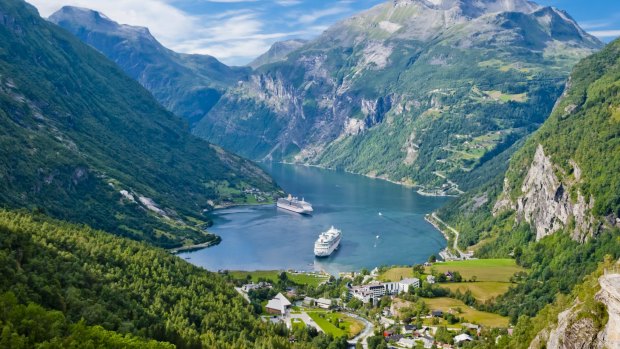 Cruise ships in Geiranger Fjord, Norway.
