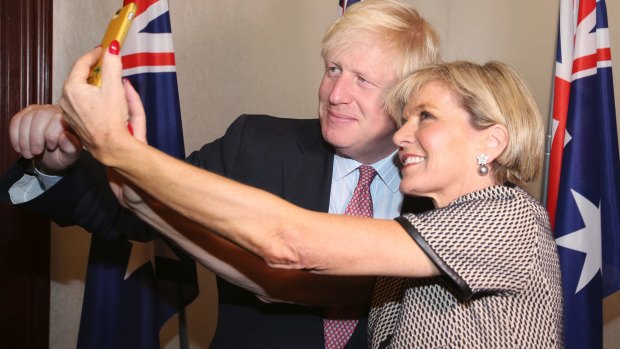 British Foreign Secretary Boris Johnson has a selfie with Australian Foreign Minister Julie Bishop ahead of their bilateral meeting in Sydney.