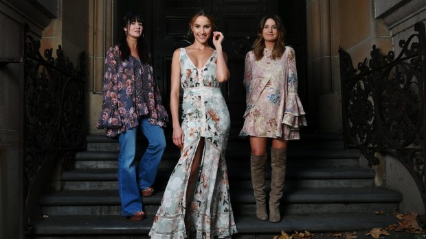 Myer ambassador Rachael Finch (centre) with We Are Kindred designers Lizzie (left) and Georgie Renkert ahead of the brand announcing a deal with the department store.