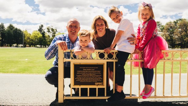 Brad Haddin with his wife, Karina, and three children, Hugo, 4, Zac, 8, and Mia, 6, at the newly named Brad Haddin Oval in Queanbeyan.