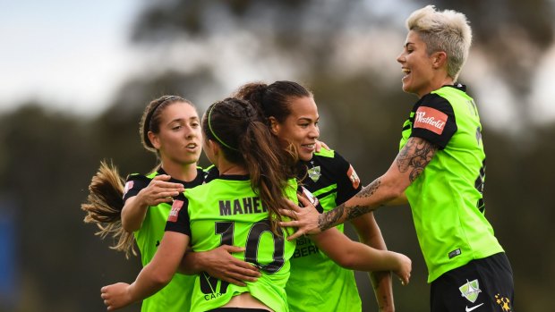 Canberra United secured their first win of the season thanks to a masterclass from Michelle Heyman [right]. 