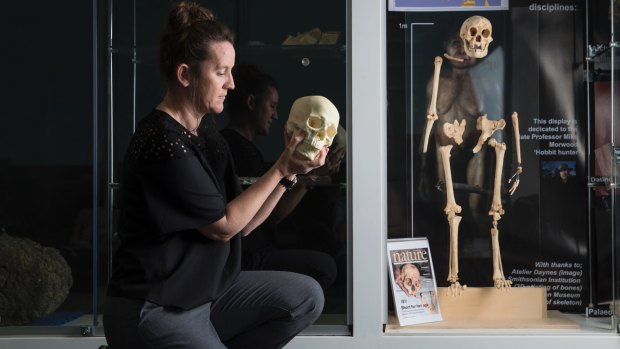 'We found the missing 20,000 years': Dr Kira Westaway at Macquarie University's 'Homo floresiensis' display.