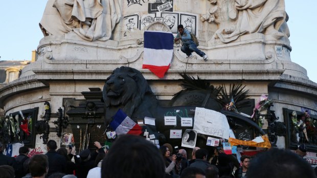 A vigil at the Place de la Republique in Paris for the terrorist victims.