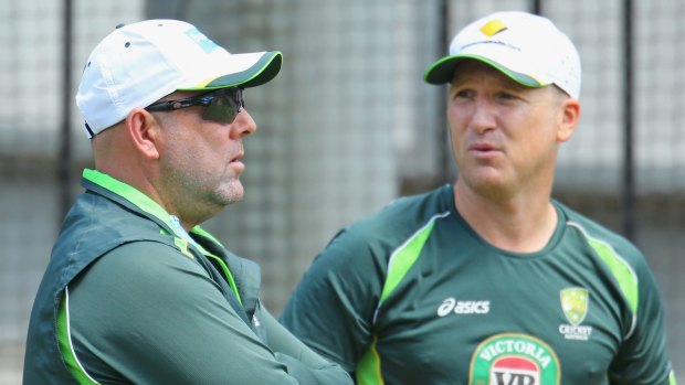 Australian cricket coach Darren Lehmann (left) with Brad Haddin.