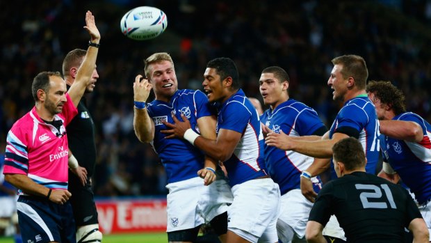 LONDON, ENGLAND - SEPTEMBER 24:  Johan Deysel of Namibia celebrates his teams opening try during the 2015 Rugby World Cup Pool C match between New Zealand and Namibia at the Olympic Stadium on September 24, 2015 in London, United Kingdom.  (Photo by Phil Walter/Getty Images)