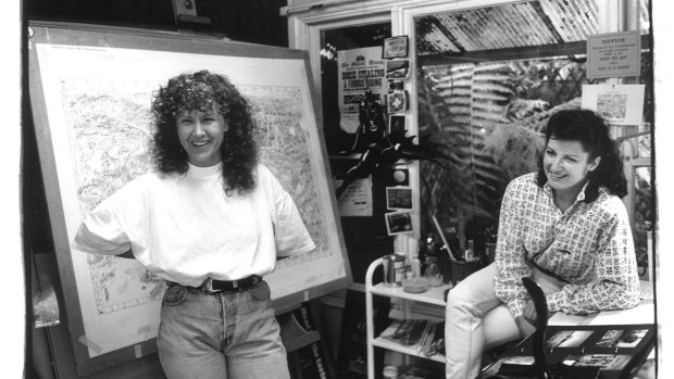 The Melbourne Map founders Melinda Clarke (left) and illustrator Deborah Young in 1990.