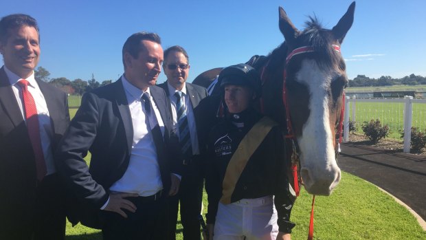 Labor's each way bet on Leaders' Forums.Tourism Minister Paul Papalia, Premier Mark McGowan, Perth Racing managing director John Yovich and jockey William Pike.