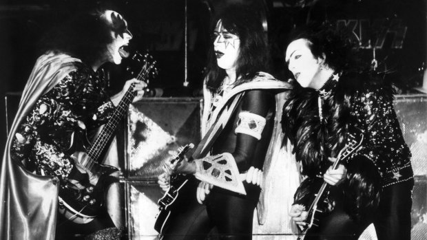 Kiss band members Gene Simmons, Ace Frehley and Paul Stanley perform in 1980.