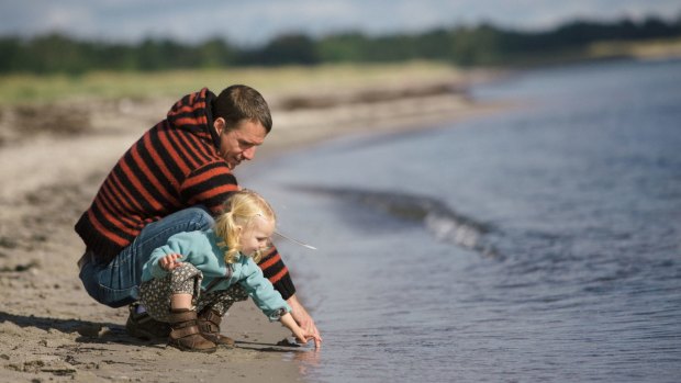 2.5 year old toddler enjoying the late summer at the beach with her dad. generic outdoors nature father young daughter dad girl